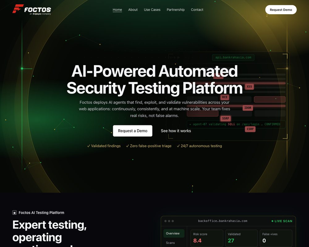 Tampilan situs Foctos, platform pengujian keamanan aplikasi berbasis AI